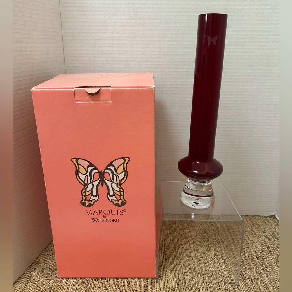 Marquis by Waterford Samba 12” Dark Red Crystal Bud Vase. New In Box.
